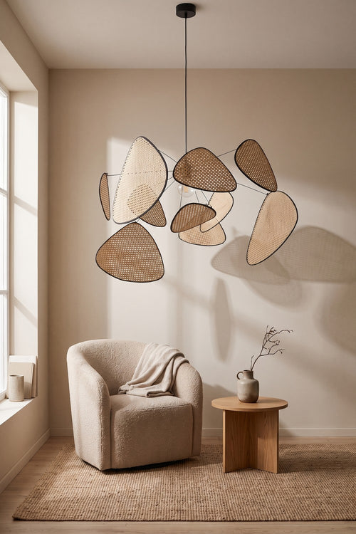 Suspension BLAD en cannage de rotin dans un salon