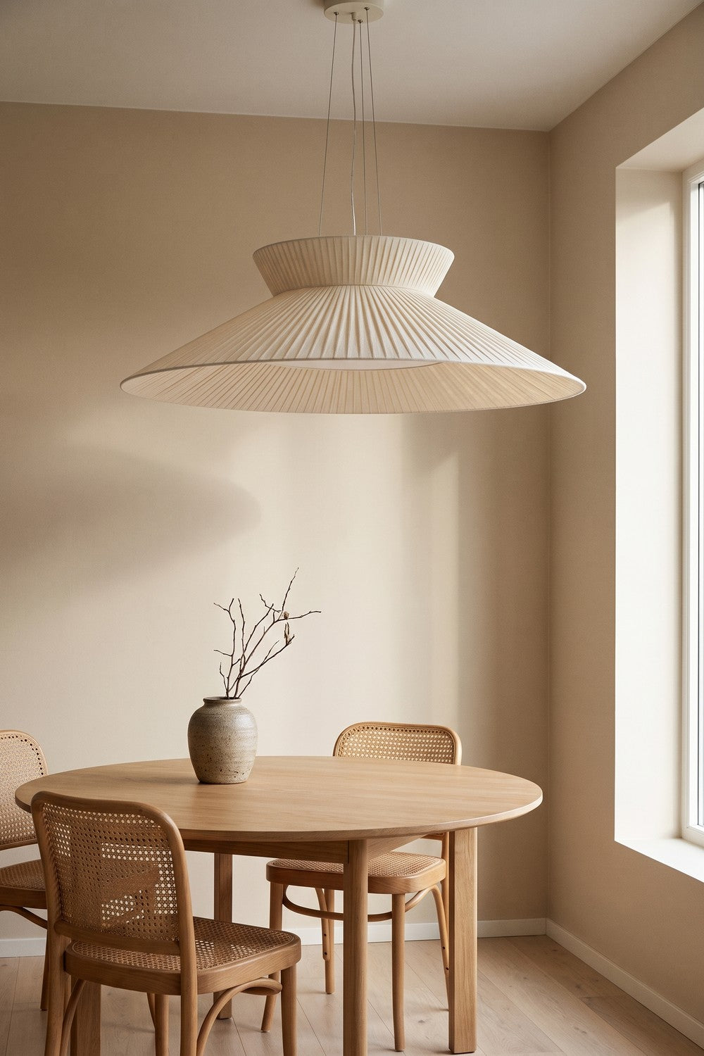 Suspension SAND en tissu plissé écru au-dessus d'une table ronde en chêne