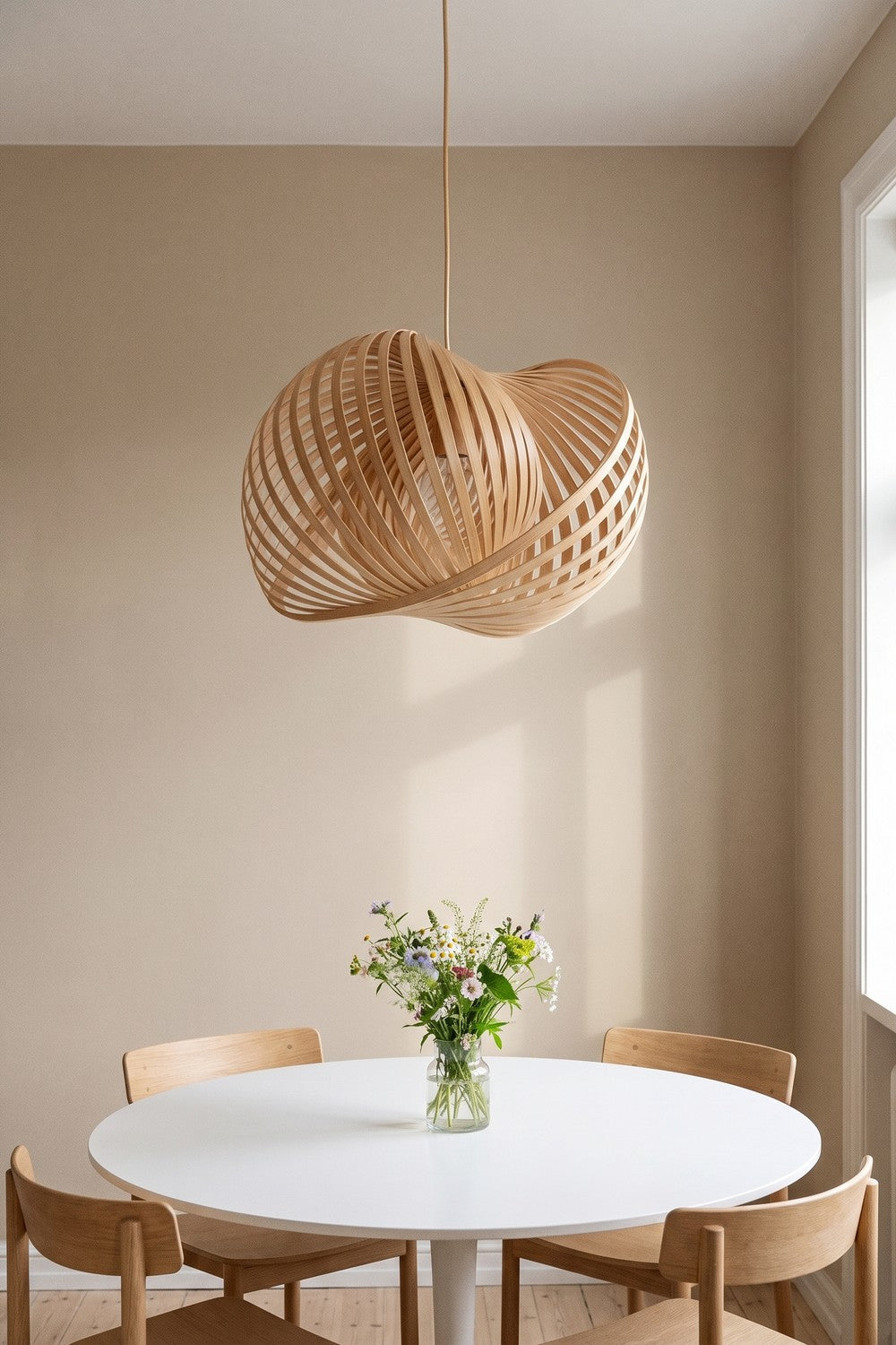 Suspension SKAL en lamelles de bois au-dessus d'une table blanche
